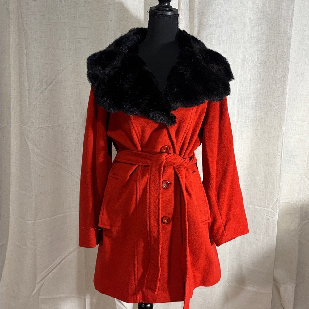 Vintage 80s Red Women's Coat with Black Faux Fur Collar